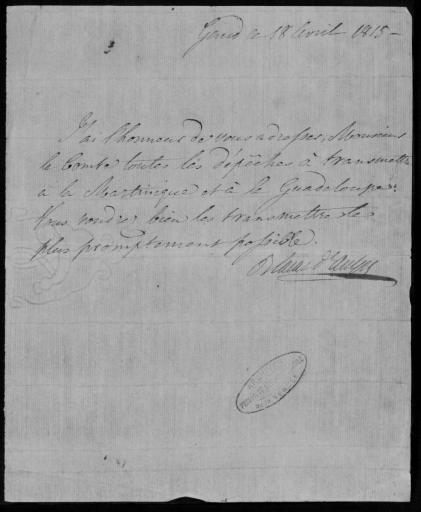 Etat chronologique des dépêches du ministre de la marine et des colonies adressées au comte de Vaugiraud, soit individuellement, soit en nom collectif avec l'intendant Dubuc, depuis le 17 juin 1814 jusqu'au 30 avril 1817.